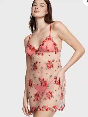Victoria's Secret Floral Embroidery Sheer Mesh Slip in Evening Blush Roses